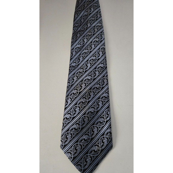 Villini Tie Blue & Black Stripe Paisley 100% Hand Made Silk Tie - Picture 1 of 4